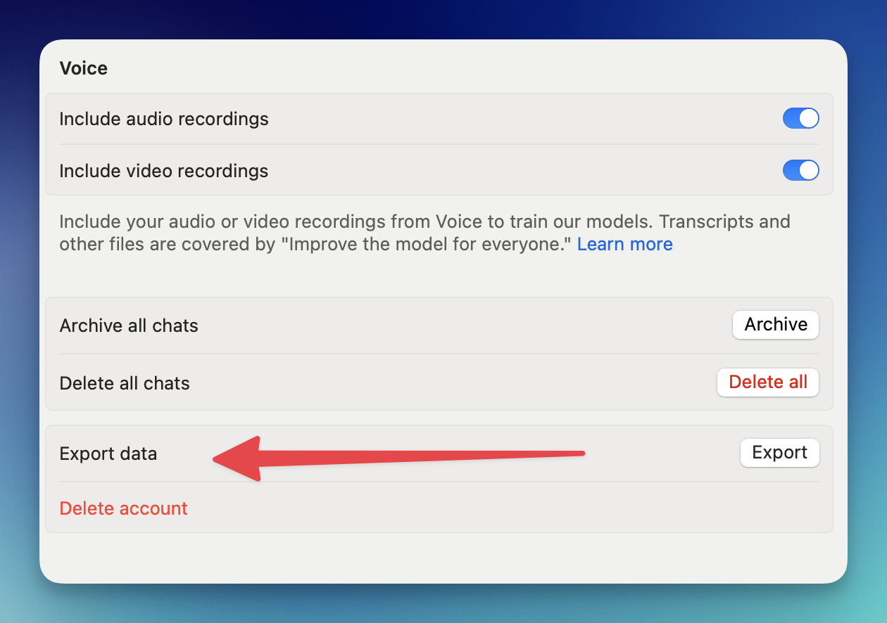 ChatGPT export data settings page